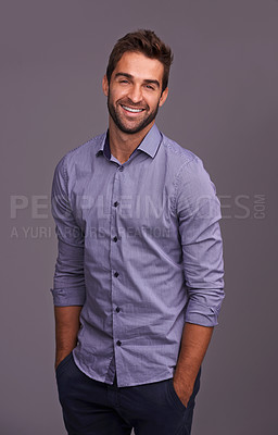 Buy stock photo Portrait, auditor and happy business man in studio isolated on a gray background. Smile, confident and person, professional or accountant from Canada with trendy clothes, fashion and hands in pocket.