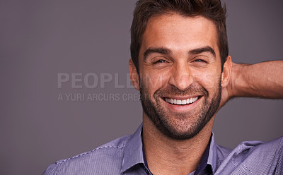 Buy stock photo Studio, smile and portrait of man with confidence for good mood, pride and positivity on mockup. Cheerful, male person and face with happiness for satisfaction, joy and relax on gray background