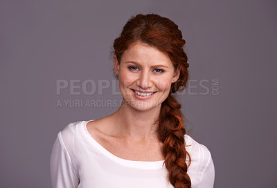 Buy stock photo Redhead, happy and portrait of woman in studio with company pride, confidence and smile. Creative startup, professional and face of isolated ginger person for career, work and job on gray background