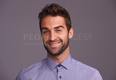 Buy stock photo Happy, professional and portrait of business man in studio with company pride, confidence and smile. Creative startup, agency and face of isolated person for career, work and job on gray background