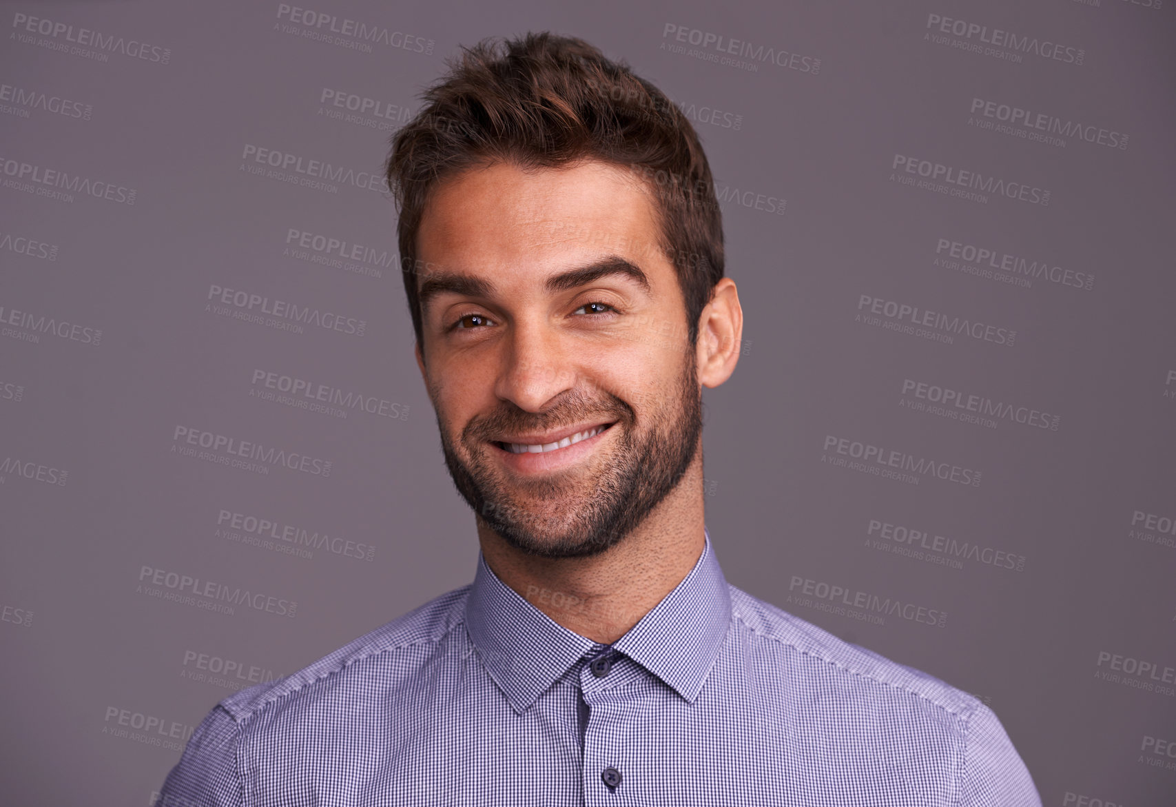 Buy stock photo Happy, professional and portrait of business man in studio with company pride, confidence and smile. Creative startup, agency and face of isolated person for career, work and job on gray background