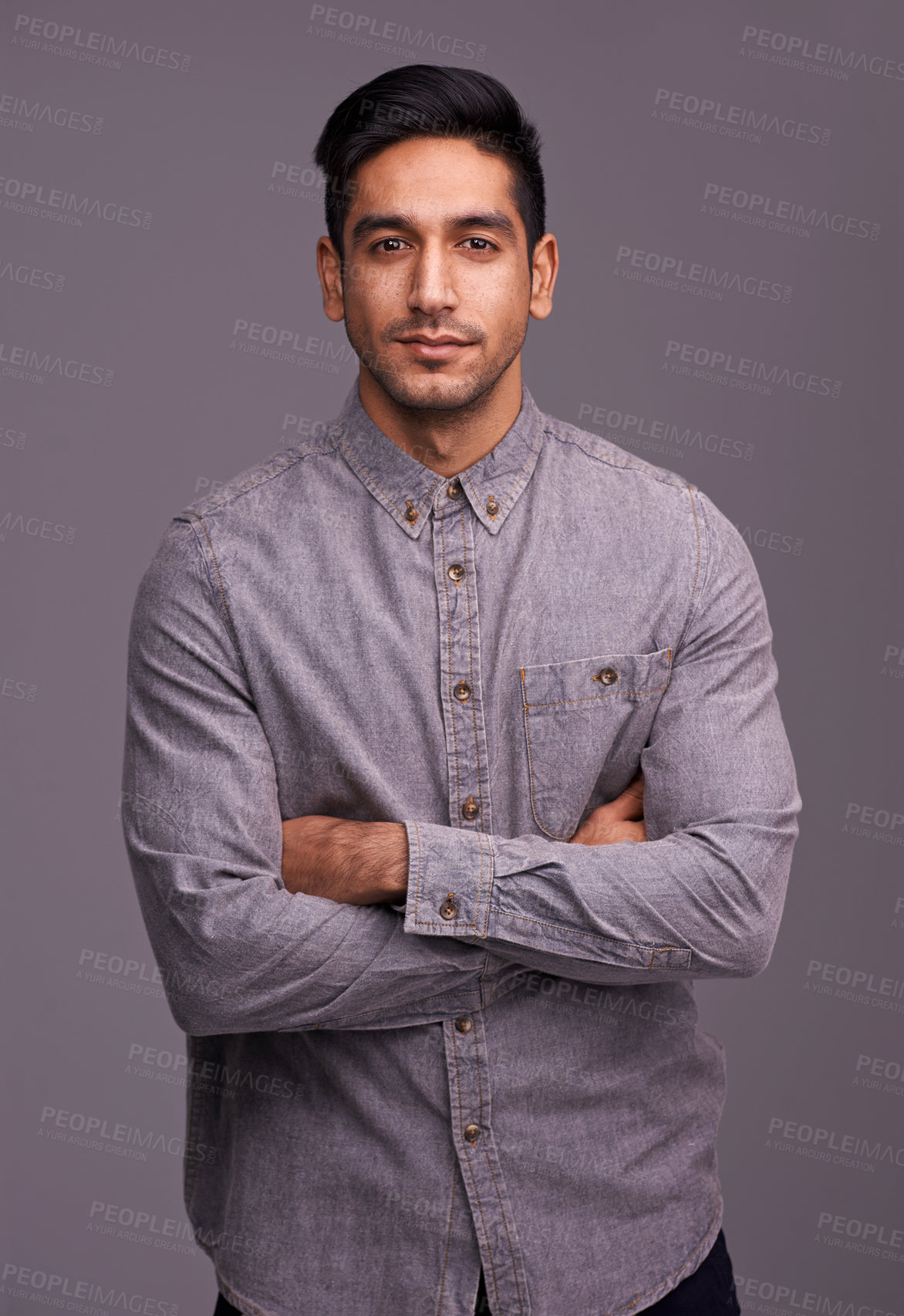Buy stock photo Crossed arms, professional and portrait of business man in studio with company pride, confidence and serious. Startup, agency and face of isolated person for career, work and job on gray background