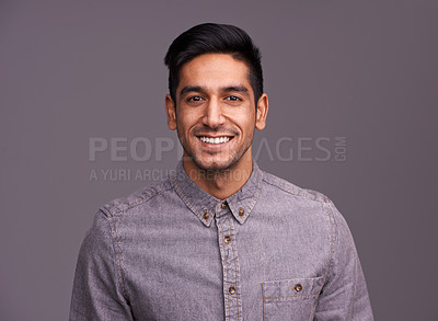 Buy stock photo Smile, professional and portrait of business man in studio with company pride, confidence and happy. Creative startup, agency and face of isolated person for career, work and job on gray background