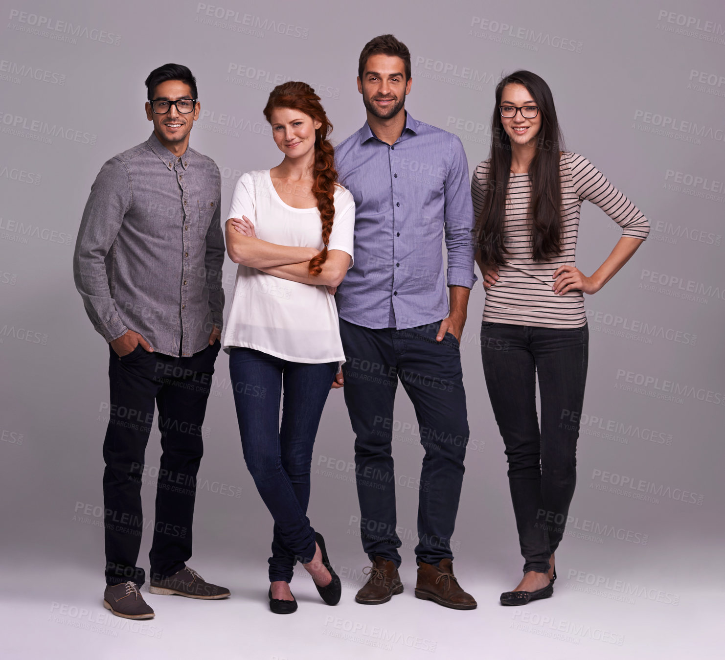 Buy stock photo Group, people and smile in a studio portrait for creative collaboration, confidence and teamwork. Women and men or designer with arms crossed for startup career and opportunity on a gray background