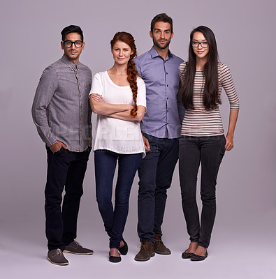 Buy stock photo Teamwork, people and happy in a studio portrait for creative collaboration, confidence and together. Women and men or designer with arms crossed for startup career or opportunity on a gray background