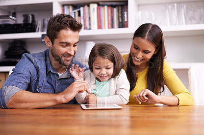 Buy stock photo Mom, dad and child with tablet for game in teaching, learning and support in education with love. Elearning, digital app and parents with girl for help in homeschool, growth and development online