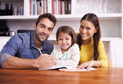 Buy stock photo Mother, father and child in portrait with homework for teaching, learning or support in education with love. Writing, drawing and parents with happy little girl for homeschool, growth and development