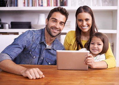 Buy stock photo Mom, dad and child in portrait with tablet for teaching, learning or support in education with love. Elearning, digital app and parents with girl for help in homeschool, growth and development online