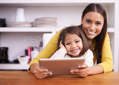 Buy stock photo Portrait, kitchen and mother with girl, tablet and bonding together with connection and home. Face, family and mama with daughter and relax with tech and internet with social media and digital app
