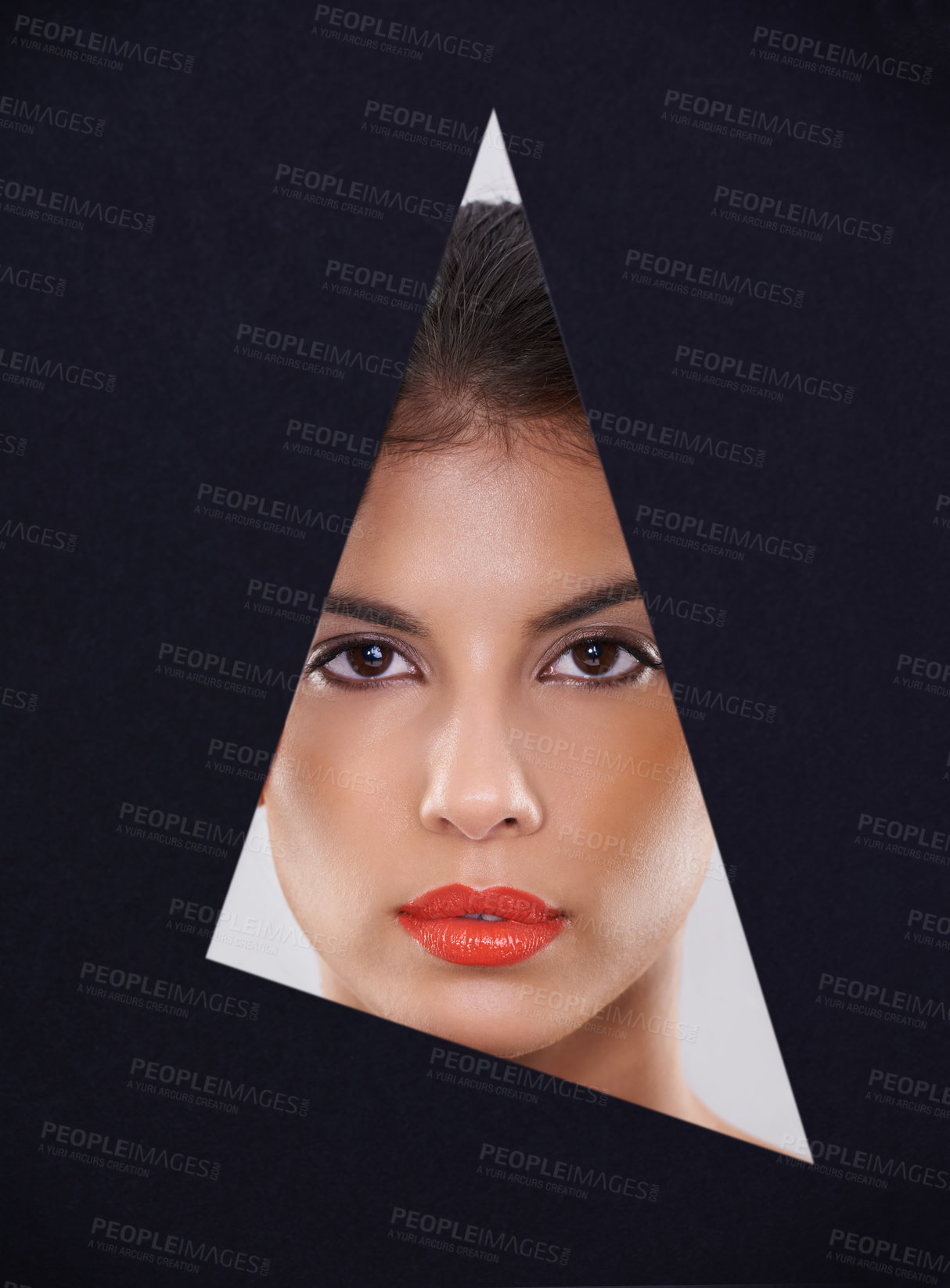 Buy stock photo Woman, portrait and makeup in a cutout and studio for cosmetics, skincare and dermatology. Face of model in beauty and foundation with geometric closeup, mockup and space on dark or black background