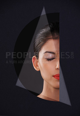 Buy stock photo Young, woman and cosmetics or beauty in cutout for makeup, skincare and dermatology. Model or person with eyes closed and dreaming of foundation in geometric, mockup and a dark or black background