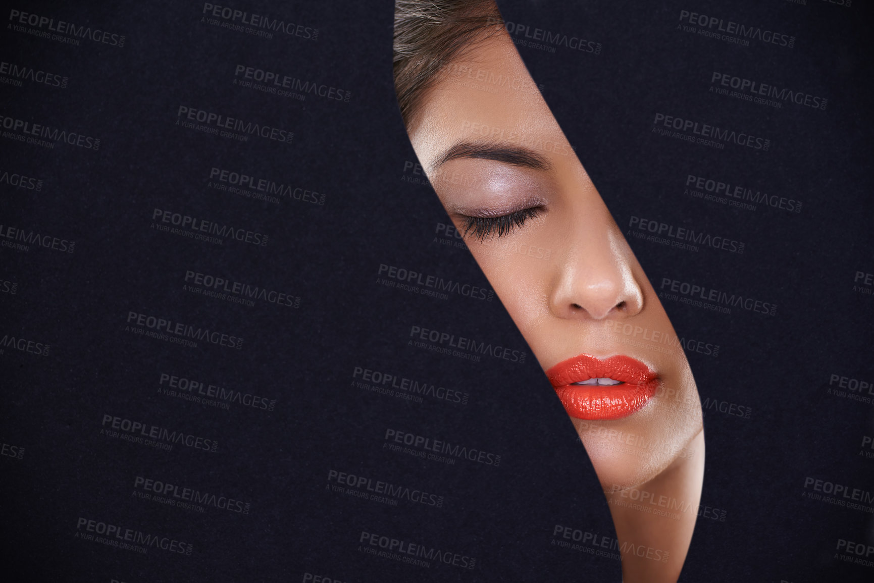 Buy stock photo Young, woman and makeup or beauty in cutout for cosmetics, skincare and dermatology. Model or person with eyes closed and dreaming of foundation in art deco, mockup and a dark or black background