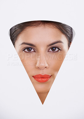 Buy stock photo Woman, portrait and skincare in cutout for cosmetics, makeup and dermatology on a white background. Face of a model or young person with foundation with beauty closeup, shape and triangle in studio