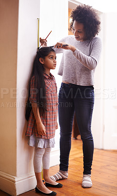 Buy stock photo Parent, child and measuring height with ruler at wall for growth development in home for childhood, love or bonding. Female person, daughter and pencil in apartment for size checking, youth or tape