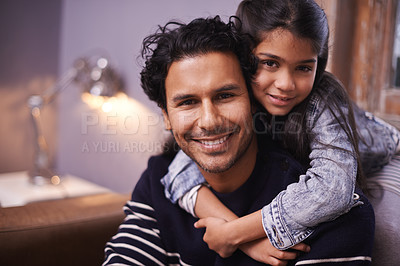 Buy stock photo father, child and portrait smile in home for bonding connection on holiday vacation, childhood or development. Man, daughter and happiness in apartment with support love together, care or security