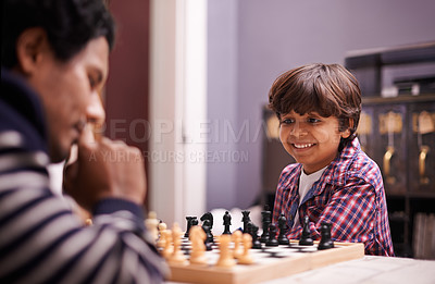 Buy stock photo Child, father and chess game or thinking checkmate together for winning pawn, knight or queen. Son, man and board thoughts with strategy problem solving for planning play move, bonding or challenge