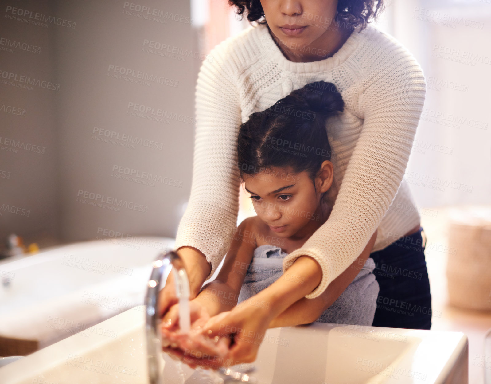 Buy stock photo Cleaning, water and washing hands by mother and child in a bathroom for learning, hygiene and care. Basin, wash and hand protection by mom and girl together for prevention of bacteria, dirt and germs