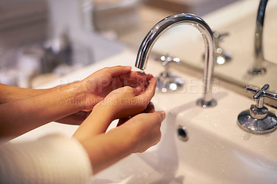 Buy stock photo Closeup, washing hands and mother with child in a bathroom for learning, hygiene and cleaning. Basin, wash and hand protection by mom and girl together for prevention of bacteria, dirt and germs