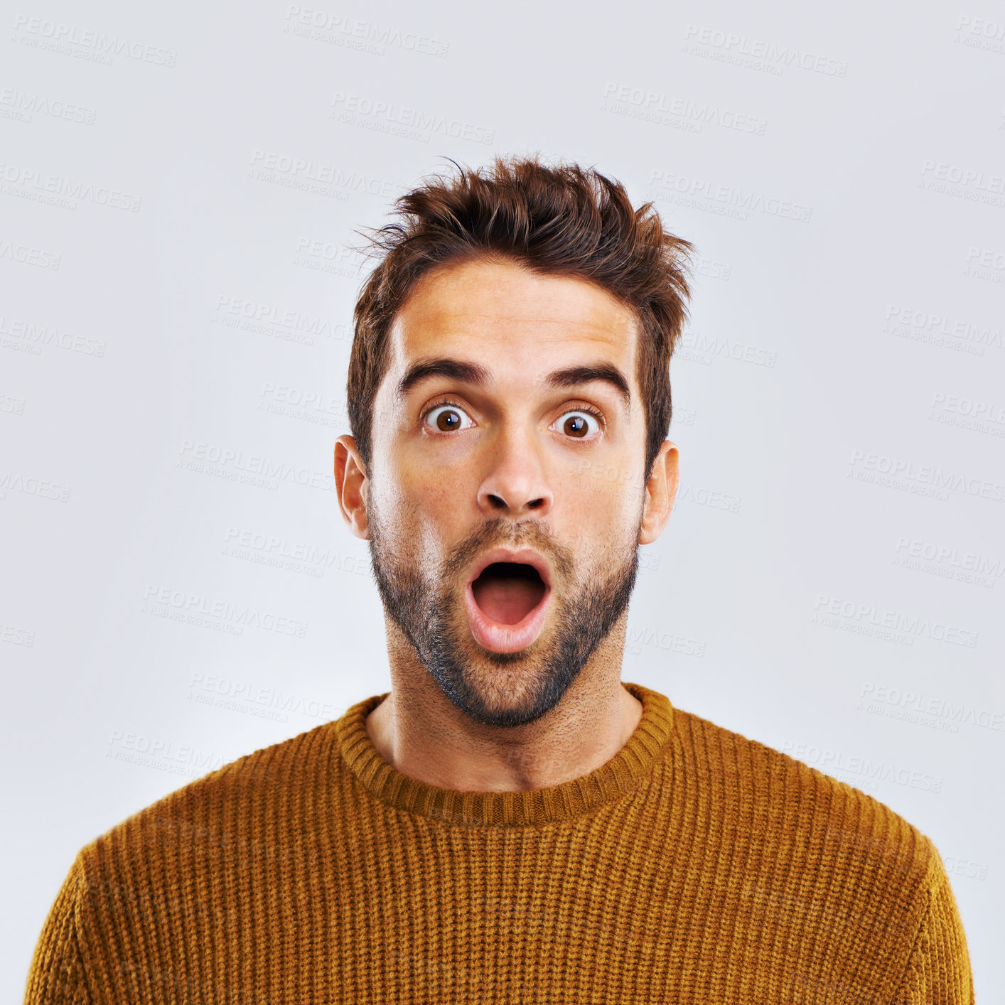 Buy stock photo Shock, surprise and portrait of a man in a studio with an amazed facial expression or attitude. Shocked, amazing news and male model with a wtf, omg or wow face gesture isolated. by white background.