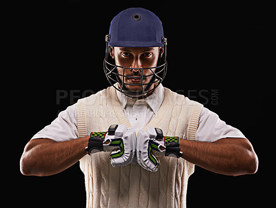 Buy stock photo Man, portrait and cricket player with sports  gloves in studio for professional competition, training or exercise. Male person, face and protection on black background, pitch gear or mockup space