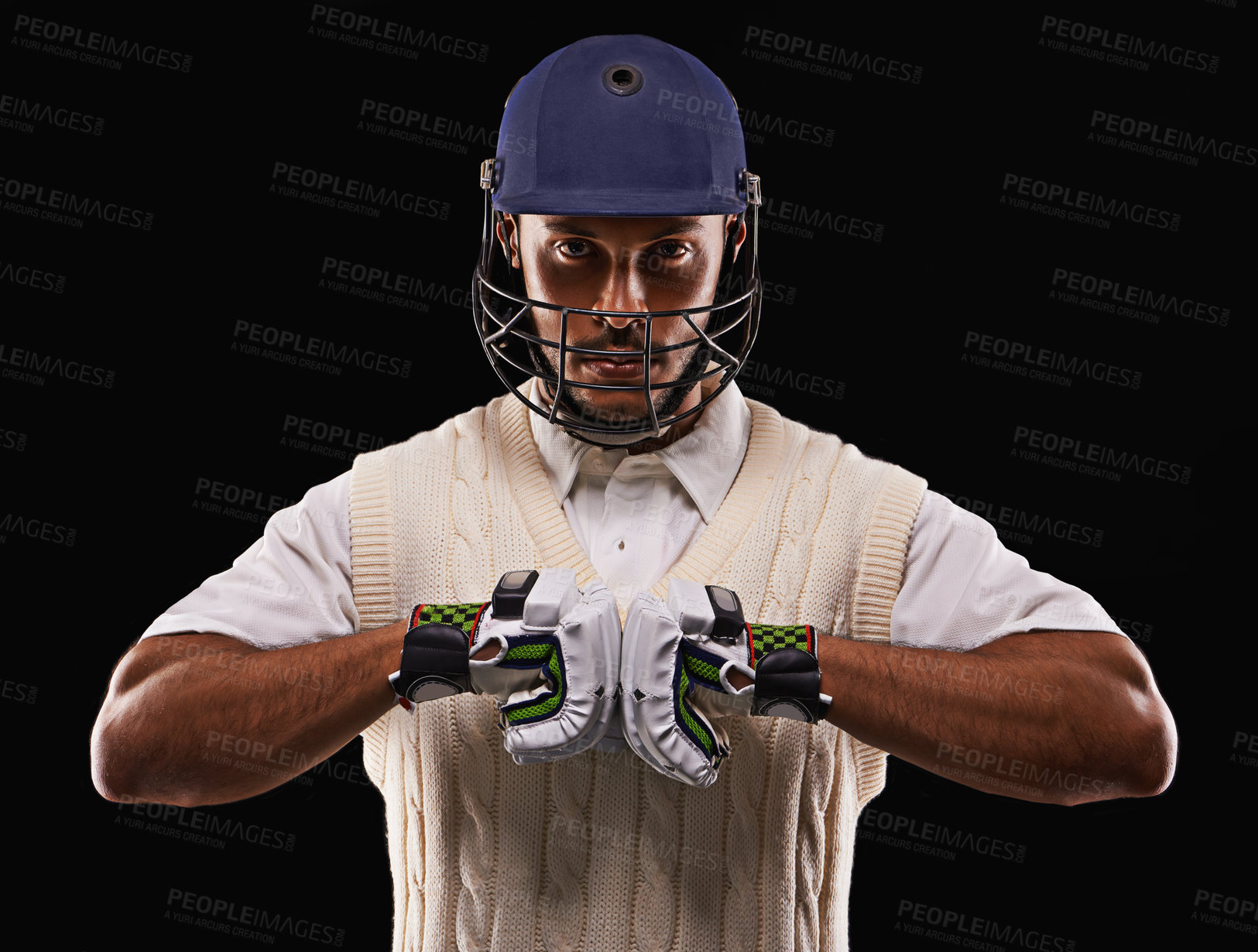 Buy stock photo Man, portrait and cricket player with sports  gloves in studio for professional competition, training or exercise. Male person, face and protection on black background, pitch gear or mockup space