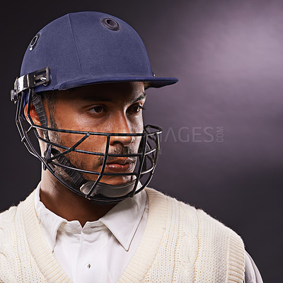 Buy stock photo Man, cricket and athlete with sports helmet in studio for professional match, competition or black background. Male person, gear and exercise on mockup space for fitness training, performance or game