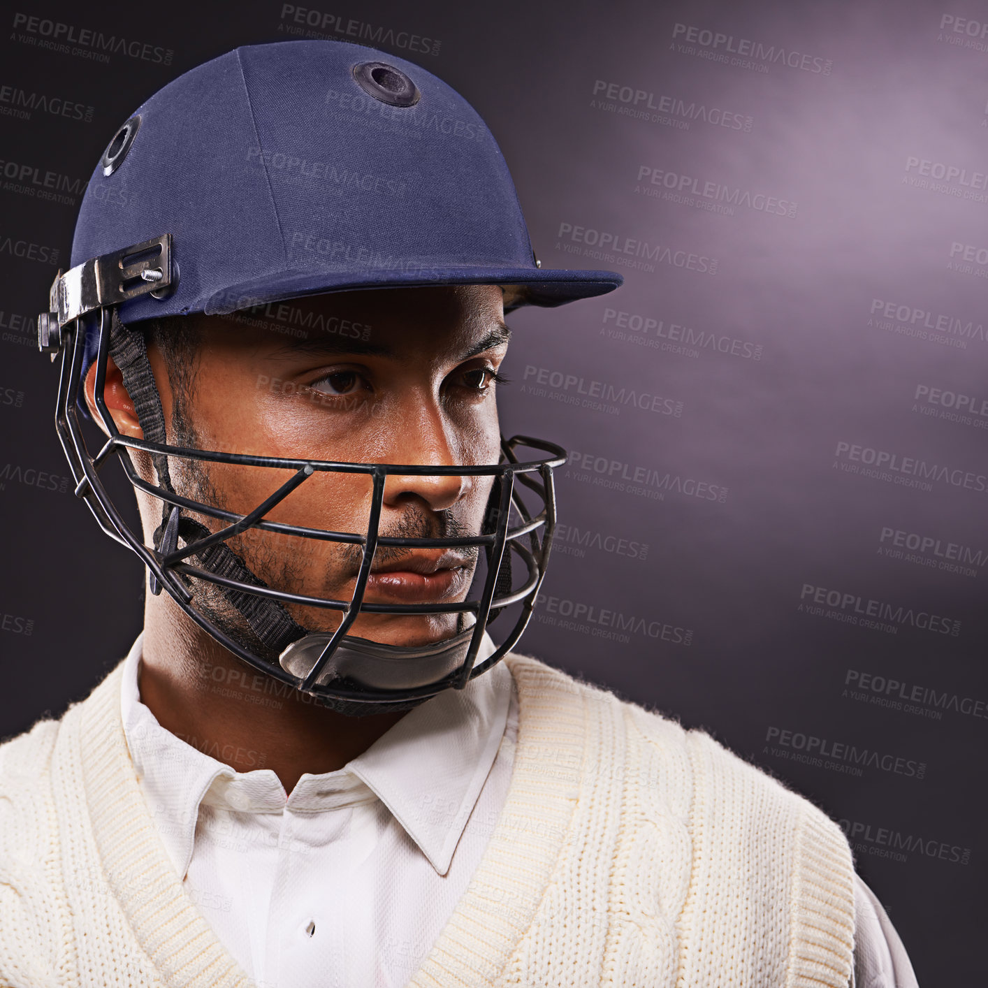 Buy stock photo Man, cricket and athlete with sports helmet in studio for professional match, competition or black background. Male person, gear and exercise on mockup space for fitness training, performance or game