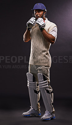 Buy stock photo Man, cricket and athlete for sports match with confidence in studio on black background or exercise, fitness or game. Male person, helmet and gear for professional competition, training or mockup