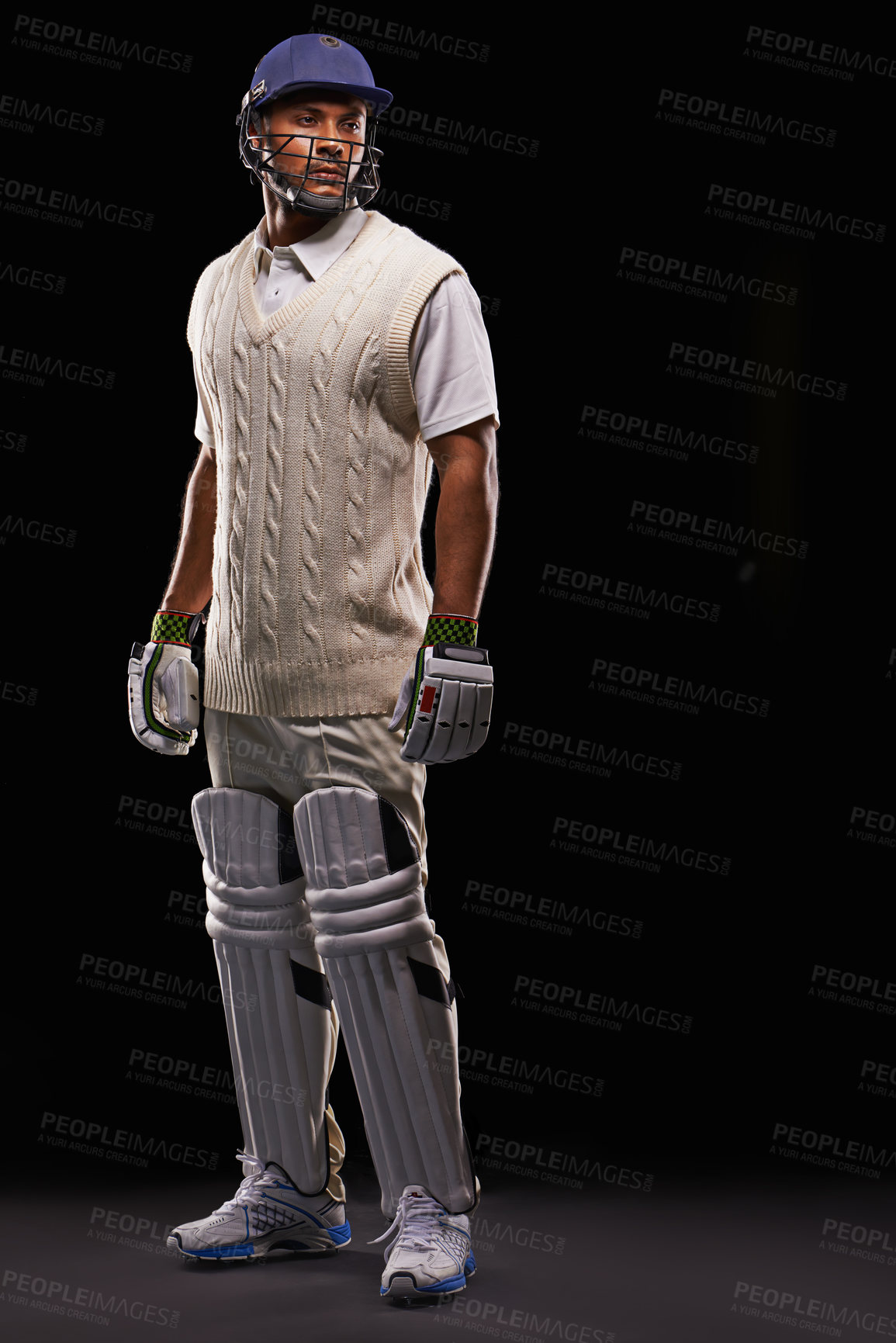 Buy stock photo Man, cricket and athlete for sports game in studio for professional match, competition or black background. Male person, gear and helmet with mockup space or fitness training, performance or workout