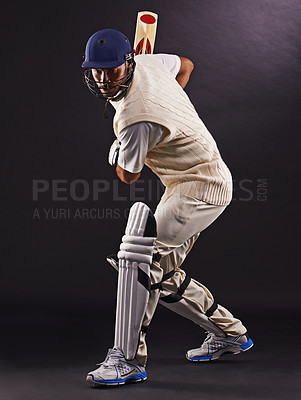 Buy stock photo Man, cricket and athlete with sports bat in studio for professional match, competition or black background. Male person, gear and helmet with mockup space or fitness training, performance or game