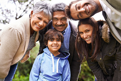 Buy stock photo Happy, smile and portrait of a big family in nature on adventure, travel or journey together. Love, bonding and boy child with his grandparents and parents while on holiday, weekend trip or vacation.