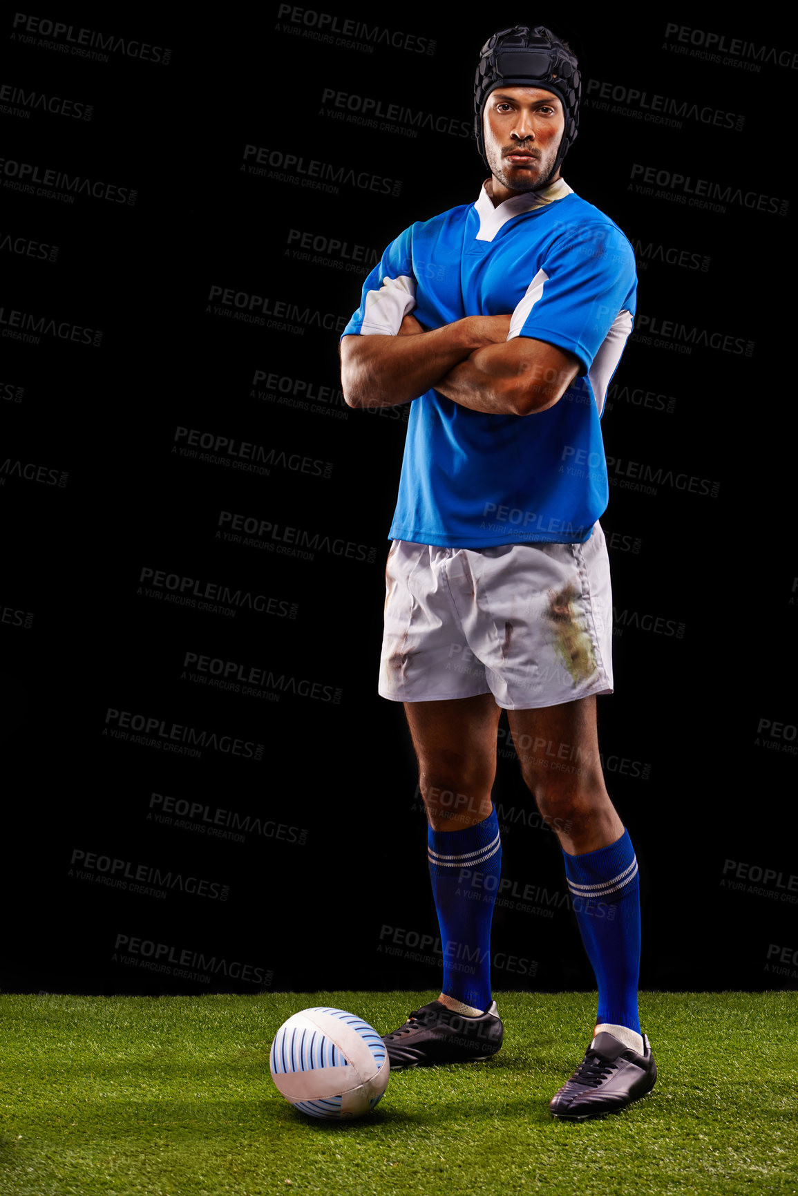 Buy stock photo Rugby, portrait and man in studio with arms crossed for training, competition and sportswear in black background. Night, ball and young male athlete for confidence for professional sport or workout