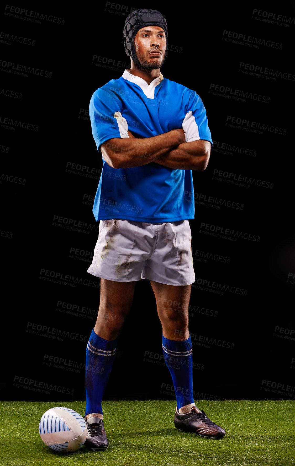 Buy stock photo Confident, man and black background for rugby sport or training for workout, fitness and skill for competition. Serious player on grass and professional athlete or tough with pride for football game.