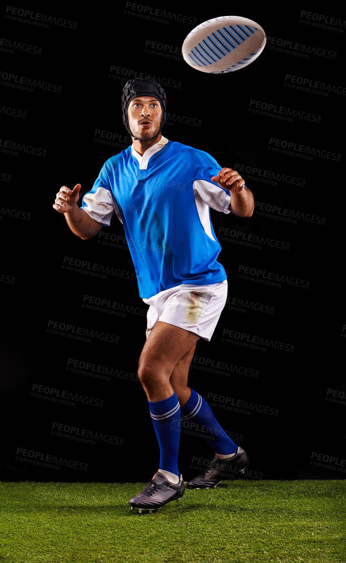 Buy stock photo Man, ball and rugby for sport and active for game, fitness and sportswear on grass or field. Young person, athlete or player and practice in uniform for kick, competitive and fit on dark background