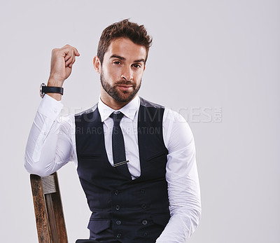 Buy stock photo Studio, portrait and confident employee with chair, man and worker for corporate company, pride and stylish. Adult, male person and guy in suit for aesthetic, fashion and smile in white background