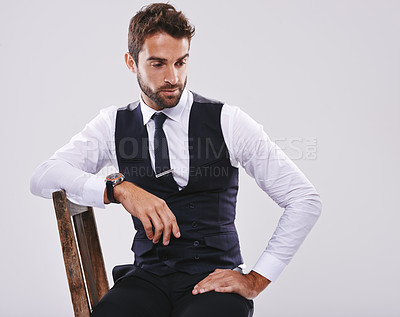 Buy stock photo Businessman, thinking and future career with vision in studio for contemplating opportunity, new job or white background. Male person, chair and thoughts for entrepreneur, start up or mockup space