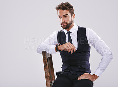 Buy stock photo Thinking, chair and man with suit for fashion, style and formal wear isolated on white background. Male person, gentleman or businessman with trendy clothes, class or outfit with vision in studio