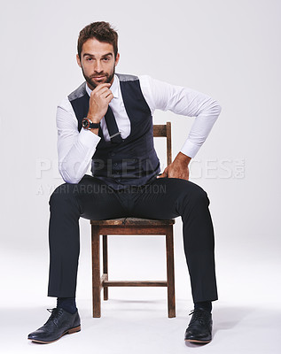Buy stock photo Studio, portrait and man with chair, formal and business for style and fashion. Professional, lawyer or attorney with corporate, career and consultant with suit and job isolated on white background