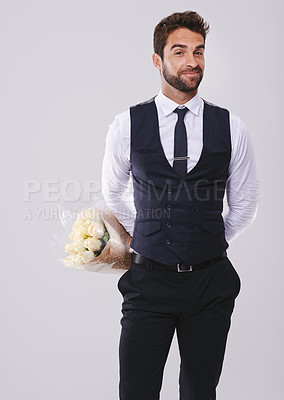 Buy stock photo Studio, gift and portrait of businessman with rose bouquet for love, present and Valentines Day. Male person, flowers and face with happiness for romance, care and kindness on white background