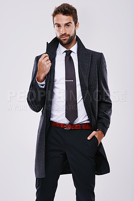 Buy stock photo Businessman, portrait and career confidence in studio as professional or real estate job, sales or mockup space. Male person, face and corporate on white background or company, consultant or employee