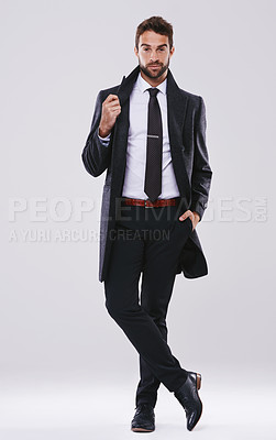 Buy stock photo Face, fashion and portrait of man with suit for style, elegance and formal wear isolated on white background. Male person, gentleman or businessman with trendy clothes, class or work outfit in studio