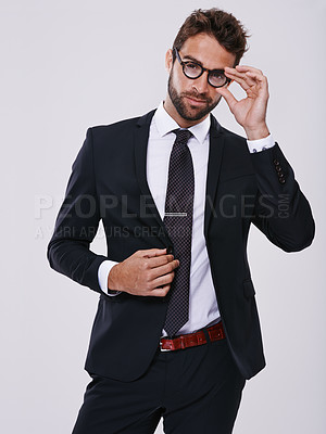 Buy stock photo Professional, businessman and studio with suit, glasses for vision on lawyer with eyewear and formal clothes. Corporate man person, portrait and confident, mockup or legal consultant on background