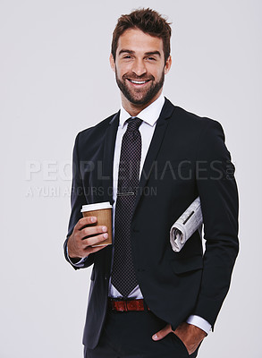 Buy stock photo Coffee, newspaper and portrait of man with suit for fashion, style or formal wear isolated on white background. Male person, gentleman or businessman with trendy clothes, class or outfit in studio