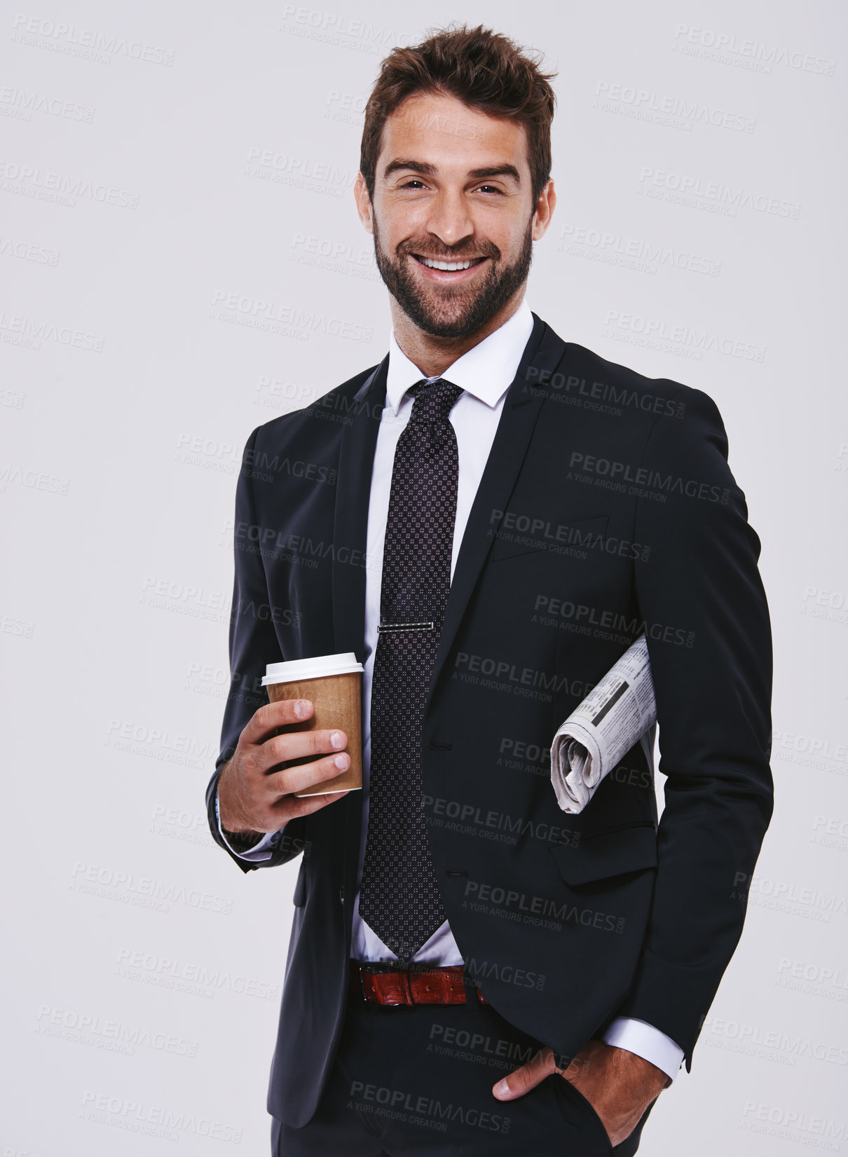 Buy stock photo Coffee, newspaper and portrait of man with suit for fashion, style or formal wear isolated on white background. Male person, gentleman or businessman with trendy clothes, class or outfit in studio