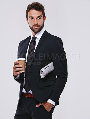 Buy stock photo Coffee, newspaper or man with suit for fashion, style or formal wear isolated on white background. Male person, gentleman or businessman with trendy clothes, class or outfit with confidence in studio