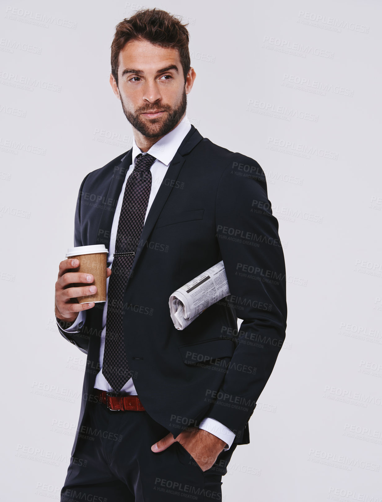 Buy stock photo Coffee, newspaper or man with suit for fashion, style or formal wear isolated on white background. Male person, gentleman or businessman with trendy clothes, class or outfit with confidence in studio