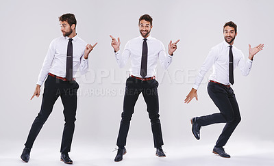 Buy stock photo Movement, dancing and man with happiness in studio, smile and joy for promotion at corporate. White background, adult and male person excited, enthusiasm and employee for startup and composite