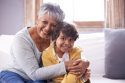 Buy stock photo Portrait of a grandma and grandson at home
