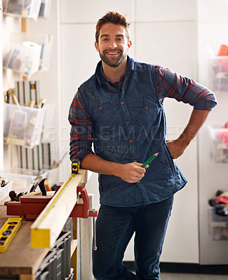 Buy stock photo Portrait, wood and carpenter man with diy tools for home development, woodwork and building renovation. Smiling, male employee and contractor for maintenance, equipment and repair work in garage