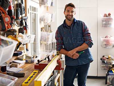 Buy stock photo Carpenter, wood and portrait of man in workshop for home development, diy tools and building renovation. Smiling, male employee and contractor for maintenance, equipment and repair work in garage